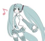  aqua_hair eighth_note fummy green hatsune_miku long_hair monochrome musical_note simple_background sketch solo spot_color thighhighs twintails very_long_hair vocaloid white_background zettai_ryouiki 
