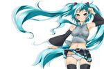  green_eyes green_hair hatsune_miku imazon long_hair midriff navel panties solo thighhighs twintails underwear very_long_hair vocaloid wind wind_lift 