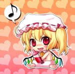  :d baby baby_bottle barefoot blonde_hair blood bottle chibi eighth_note fang flandre_scarlet hat heart mokku musical_note one_side_up open_mouth red_eyes ribbon short_hair sitting slit_pupils smile solo speech_bubble spoken_musical_note touhou vampire wings 