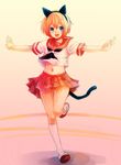  animal_ears blue_eyes cat_ears cuilan highres male_focus otoko_no_ko outstretched_arms red_hair school_uniform senkou_no_ronde solo spread_arms standing standing_on_one_leg tail usaki_(ama) 