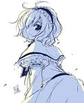  ahoge alice_margatroid artist_request blue capelet from_behind hairband looking_back monochrome oekaki profile ribbon sideways_mouth smile solo touhou 