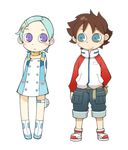  1girl aqua_hair armcho blue_eyes boots brown_hair chibi eureka eureka_seven eureka_seven_(series) full_body hand_in_pocket lowres purple_eyes raglan_sleeves renton_thurston short_hair standing thigh_strap transparent_background white_footwear 