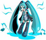  blue_eyes blue_hair hatsune_miku long_hair lowres necktie notes thigh-highs thighhighs twintails vocaloid 