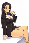  adjusting_hair ayasato_chihiro bare_legs black_eyes black_hair breasts cleavage crossed_legs formal gyakuten_saiban jacket large_breasts legs long_hair magatama miniskirt mole mole_under_mouth nagase_haruhito pencil_skirt sitting skirt skirt_suit smile solo suit 