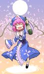  ^_^ alcohol ario bottle breasts chibi closed_eyes hat japanese_clothes kimono medium_breasts saigyouji_yuyuko sake solo touhou 