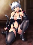  animal_ears bell bell_collar breasts cat_ears cat_tail cleavage collar copyright_request garter_straps high_heels highres kagehara_hanzou kneeling large_breasts latex legs lingerie purple_eyes shiny shiny_clothes shoes short_hair silver_hair solo tail thighhighs thighs underwear 