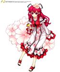  armcho dress flower full_body hair_ornament long_hair red_eyes red_hair sandals solo trickster 
