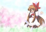  :d belt blurry blush bow bowtie brown_hair cherry_blossoms depth_of_field dress field green_eyes hair_bow kneehighs lily_white long_hair long_sleeves open_mouth outdoors outstretched_arms plant r_pascal red_bow red_neckwear smile solo thighhighs touhou tree very_long_hair white_dress white_legwear zettai_ryouiki 