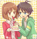  antenna_hair bad_id bad_pixiv_id black_hair blue_eyes blush bob_cut brown_eyes brown_hair cake dessert food fruit hagiwara_yukiho idolmaster idolmaster_(classic) idolmaster_1 kikuchi_makoto multiple_girls pastry pinkmm short_hair strawberry sweets 