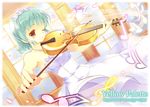  aqua_hair beamed_eighth_notes dress eighth_note instrument music musical_note one_eye_closed original playing_instrument solo staff_(music) takeda_mika treble_clef violin violin_bow white_dress 