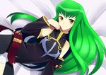  artist_request bangs bed c.c. code_geass detached_sleeves green_hair long_hair lying smile solo yellow_eyes 