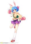  animal_ears armcho backpack bag blue_hair boxing_gloves bunny_(trickster) bunny_ears full_body happy headband hood hoodie looking_at_viewer loose_socks navel open_mouth pleated_skirt red_eyes short_hair simple_background skirt socks solo standing standing_on_one_leg trickster white_background 