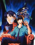  1girl absurdres armchair bandages beard blood blue_hair brown_eyes chair cigarette eva_01 facial_hair hair_over_one_eye highres kaji_ryouji katsuragi_misato necktie neon_genesis_evangelion open_collar purple_hair red_eyes sadamoto_yoshiyuki signature 