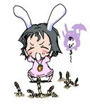  animal_ears baku_taso bunny_ears carrot chibi inaba_tewi jewelry lowres mushroom pendant silhouette solo totoro touhou translated umbrella 