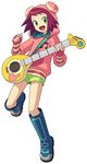  :d artist_request beamed_eighth_notes boots fingerless_gloves full_body gloves green_eyes green_shorts heart hibiki_misora highres hood hood_up hoodie instrument knee_boots looking_at_viewer musical_note musical_note_print official_art open_mouth red_hair rockman ryuusei_no_rockman short_shorts shorts smile solo striped striped_gloves 