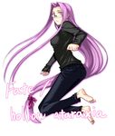  barefoot bow denim face fate/hollow_ataraxia fate/stay_night fate_(series) feet full_body glasses hair_bow jeans jumping long_hair low-tied_long_hair pants purple_eyes purple_hair ribbon rider simple_background solo toes very_long_hair white_background yanagi_(tsukiakari) 