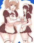  blue_background breasts cleavage copyright_request cup drinking_glass drinking_straw lowres matoyama medium_breasts monochrome multiple_girls oekaki pink tail thighhighs thighs twintails waitress 