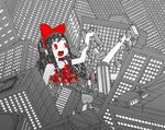  abe_tomomi bad_id bad_pixiv_id barefoot black_hair bow building city copyright_request dress giantess hair_bow happy pac-man_eyes patterned patterned_hair red_eyes ribbon ruins solo 