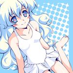  1girl barefoot blue_eyes blush_stickers cloud_hair halftone halftone_background keg long_hair looking_at_viewer lowres nia_teppelin non-web_source one-piece_swimsuit sitting smile solo swimsuit tengen_toppa_gurren_lagann wariza white_swimsuit 