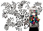  bad_id bad_pixiv_id elbow_gloves floral_background gloves heterochromia maca multicolored multicolored_clothes multicolored_scarf original scarf short_hair silver_hair solo 