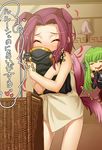 animal_ears basket borrowed_garments c.c. clothes_sniffing code_geass dog_ears dog_girl green_hair indoors kallen_stadtfeld kink multiple_girls naked_towel red_hair smelling standing tail tail_wagging towel translated 