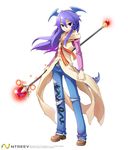  armcho denim dragon_(trickster) full_body head_wings jeans long_hair male_focus pants purple_eyes purple_hair solo staff standing tail torn_clothes torn_jeans torn_pants trickster 