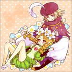  1girl blonde_hair braid flower hair_ornament hair_tousle hat_feather ingway_(odin_sphere) lap_pillow mercedes odin_sphere pinkmm pointy_ears prince red_eyes twin_braids 