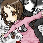  1girl artist_request braid instrument knife lowres madotsuki music pink_shirt sekomumasada_sensei shirt twin_braids yume_nikki 