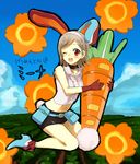  1girl animal_ears bad_id bad_pixiv_id brown_hair bunny_ears carrot choker getsumento_heiki_miina gloves happy miniskirt one_eye_closed red_eyes short_hair skirt solo tsukishiro_mina 