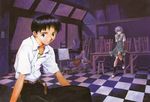  1boy 1girl absurdres ayanami_rei black_hair blue_hair brown_eyes checkered checkered_floor classroom highres ikari_shinji neon_genesis_evangelion neon_genesis_evangelion_(manga) official_art red_eyes sadamoto_yoshiyuki school_uniform sitting 