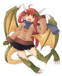  :d ahoge bad_id bad_pixiv_id blue_scarf copyright_request dragon_girl dragon_tail dragon_wings fang full_body horns lesskiss long_hair monster_girl open_mouth red_eyes red_hair scarf simple_background smile solo tail white_background wings 