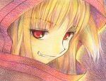  brown_hair coupy_pencil_(medium) fang gofu grin holo hood portrait red_eyes smile solo spice_and_wolf traditional_media 