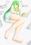  bangs barefoot c.c. code_geass eating food fujii_isana green_hair holding_pizza legs long_hair lying midriff pizza shorts solo 