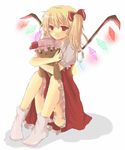  bad_id bad_pixiv_id blonde_hair blush closed_mouth crystal doll dress flandre_scarlet frilled_sleeves frills full_body glowing hair_ribbon hat holding knees_up long_hair looking_at_viewer mob_cap no_hat no_headwear no_shoes one_side_up puffy_short_sleeves puffy_sleeves red_dress red_eyes red_ribbon ribbon short_sleeves simple_background sitting smile socks solo stuffed_animal stuffed_toy teddy_bear tetsuo touhou white_background wings 