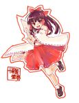  bow brown_hair character_name detached_sleeves dual_wielding hair_bow hair_tubes hakurei_reimu holding ofuda red_eyes solo standing standing_on_one_leg touhou usaki_(ama) wide_sleeves 