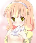  bad_id bad_pixiv_id blonde_hair blush fa_no_hito flat_chest green_eyes hair_ornament hairband heart heart-shaped_pupils kise_yayoi mouth_hold nipples precure shirt_lift smile_precure! solo symbol-shaped_pupils tears white_hairband 