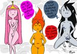  @ adventure_time black_hair breasts cloud cloud_kingdom crown dialog english_text female flame_princess gem group hair hands_on_hips inverted_nipples marceline nervous nipples pink_hair plain_background presenting princess_bubblegum pussy red_hair royalty signature text undead unimpressed unknown_species vampire white_background 