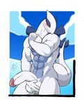  abs anthro ball_fondling balls biceps big_muscles big_penis blush cloud erection flexing humanoid_penis legendary_pok&#233;mon lugia makku male muscles navel nintendo nude pecs penis pok&#233;mon pokemon pose solo standing thick_penis video_games 