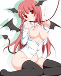  bat_wings black_legwear blush bottomless breasts breasts_outside collar demon_tail dress_shirt groin head_tilt head_wings koakuma large_breasts leash long_hair looking_at_viewer naked_shirt navel nikku_(ra) nipples no_bra open_clothes open_shirt red_eyes red_hair revision shiny shiny_skin shirt sitting skindentation smile solo tail thighhighs touhou translation_request very_long_hair white_shirt wings yokozuwari 