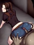  1girl ass bike_shorts blue_eyes blush brown_hair buttjob censored claire_redfield clothed_female_nude_male denim grinding highres huge_ass jeans latex pants resident_evil resident_evil_2 sawao skin_tight sweat torn_clothes 