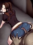  ass bike_shorts blue_eyes blush brown_hair buttjob censored claire_redfield clothed_female_nude_male cum cum_on_ass cum_on_clothes ejaculation grinding highres huge_ass latex resident_evil resident_evil_2 sawao skin_tight sweat torn_clothes 