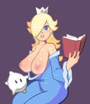  bare_shoulders blonde_hair blue_dress blue_eyes blush book breasts breasts_outside chiko_(mario) crown detached_sleeves dress dress_pull earrings hair_over_one_eye huge_breasts inverted_nipples jewelry lipstick long_hair makeup mario_(series) nipples noill open_book reading rosetta_(mario) simple_background star super_mario_bros. super_mario_galaxy 
