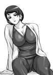  1girl breasts cleavage collarbone dress ears female highres hikawadou huge_breasts jacket june_darby knees legs lips looking_at_viewer midriff monochrome navel open_clothes open_jacket open_legs short_hair sitting smile solo spread_legs transformers transformers_prime 