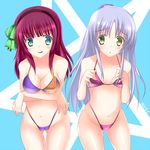  angel_beats! aosi_(wasabiranzy) ass_visible_through_thighs bad_id bad_pixiv_id bikini breast_envy breasts cleavage flag_print flat_chest green_eyes hairband highleg highleg_bikini highleg_swimsuit long_hair medium_breasts multiple_girls navel pink_bikini print_bikini purple_bikini purple_hair silver_hair small_breasts swimsuit tenshi_(angel_beats!) union_jack yellow_eyes yuri_(angel_beats!) 