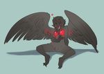  &lt;3 black_eyes breasts cryptid eyelashes feathers female fluro-knife glowing hair looking_at_viewer mothman one_eye_closed pussy rule_63 solo tongue urban_legend wings wink 
