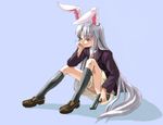  animal_ears bad_id bad_pixiv_id blue_background bored bunny_ears chin_rest face gun handgun long_hair pistol reisen_udongein_inaba shiba_itsuki simple_background solo touhou weapon 