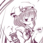  2girls :d bat_wings bespectacled book bow bowtie capelet catbell chibi crescent detached_wings dutch_angle fang glasses hat head_wings koa_(phrase) koakuma long_hair long_sleeves monochrome multiple_girls open_mouth patchouli_knowledge pointy_ears purple smile sparkle touhou vest wings 