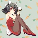  animal_ears black_hair bunny_ears bunnysuit doriruman flat_chest high_heels inaba_tewi pantyhose red_eyes shoes short_hair solo touhou 