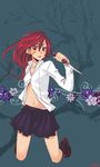  bandaid_on_cheek copyright_request kneeling knife midriff open_mouth red_eyes red_hair reverse_grip sasetsu school_uniform solo 