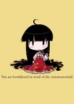  ahoge black_hair branch chibi houraisan_kaguya jeweled_branch_of_hourai long_hair ribbon smile solo tao_(kadoya) touhou very_long_hair yellow_background 